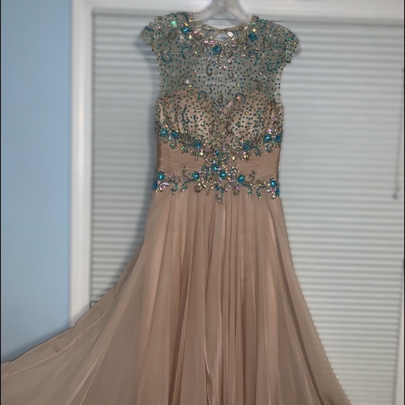 Long Tan Embellished Prom Dress - Picture 2 of 8